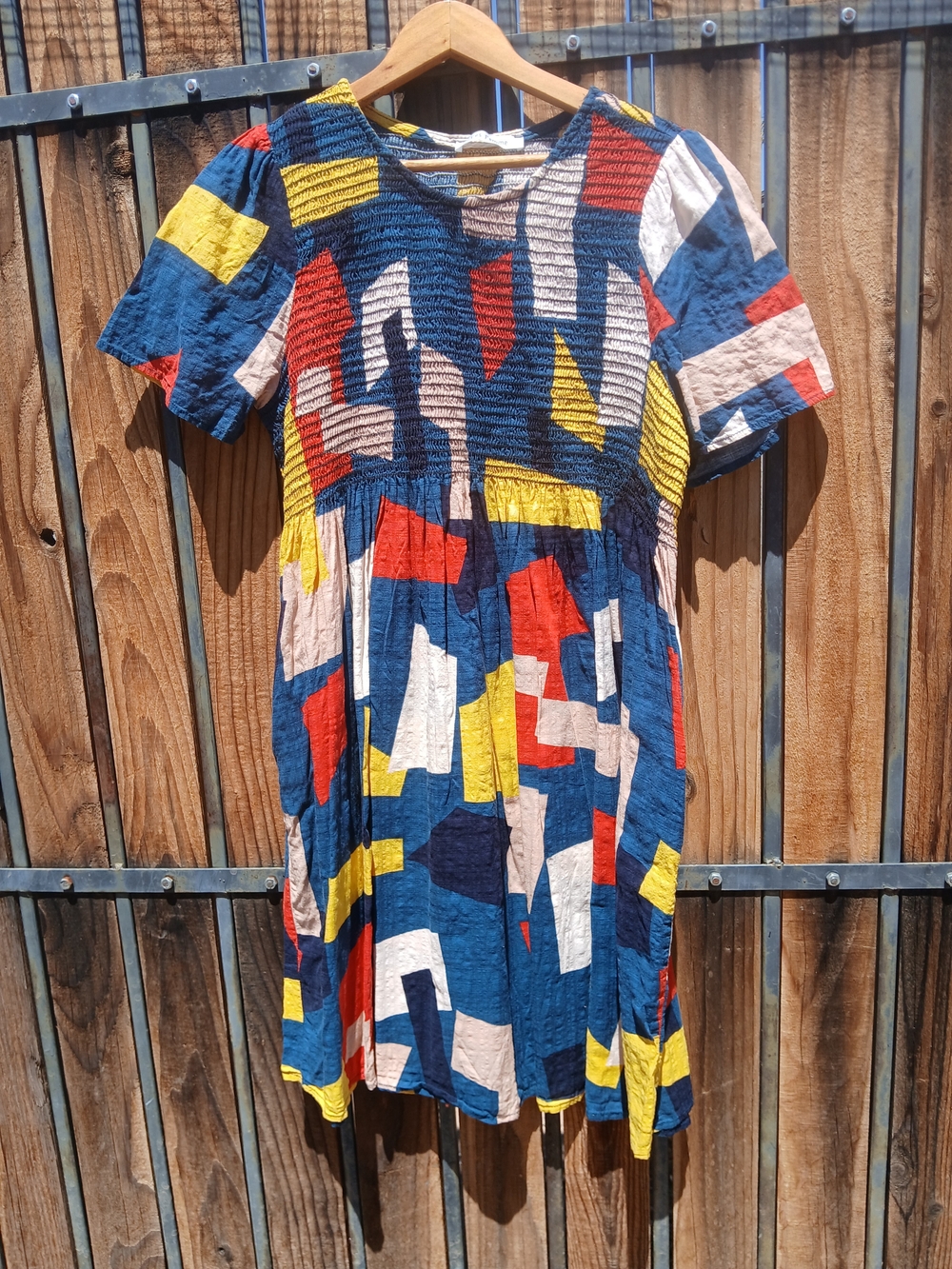 Ces Femme Blue Abstract Patchwork Short Sleeve Dress